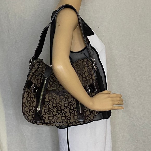 DKNY Brown Tan All Over Logo Fabric Hobo Bag - Picture 6 of 12